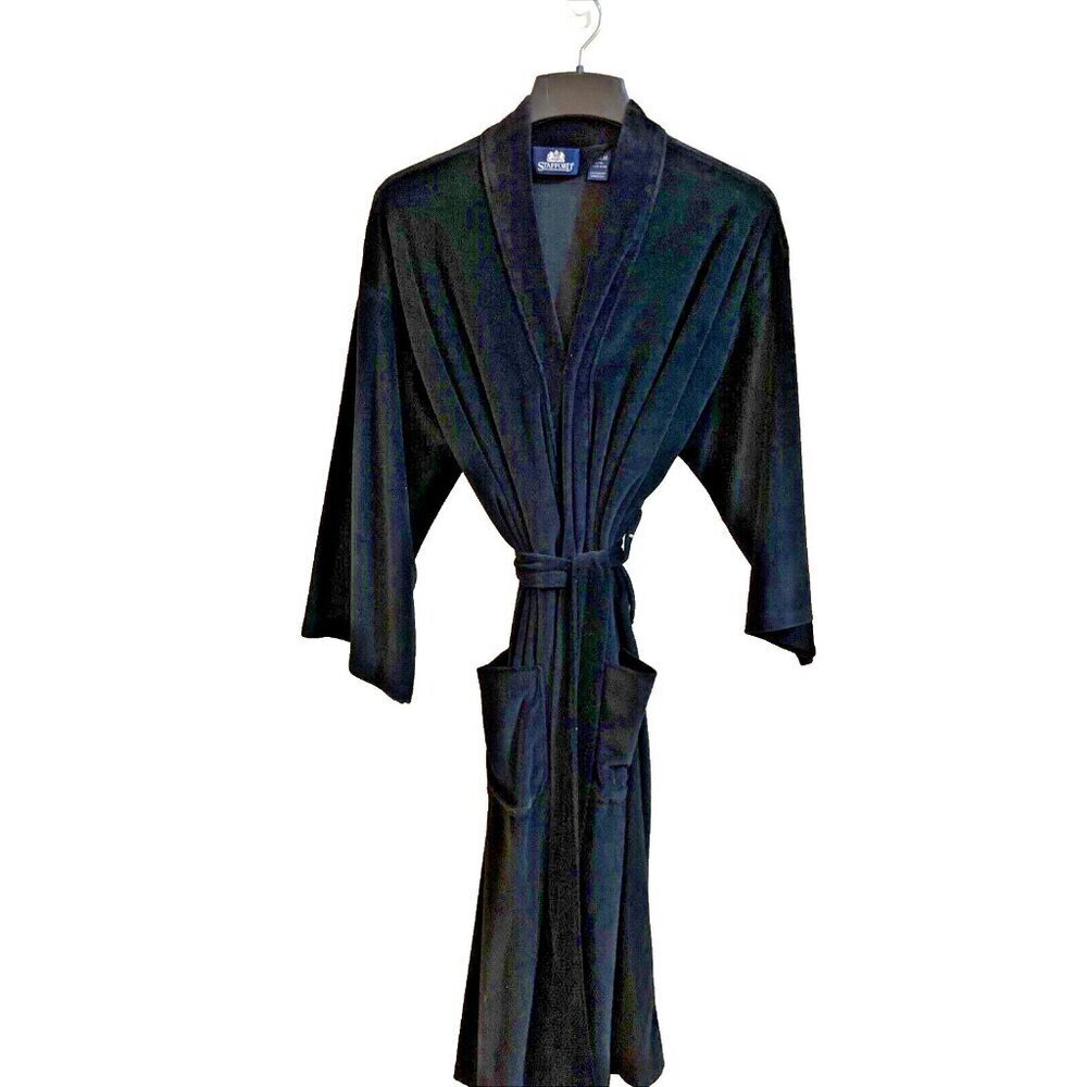 Vintage Stafford Robe Bathrobe Men's S/M Black Velour Belted Pockets Soft NWOT